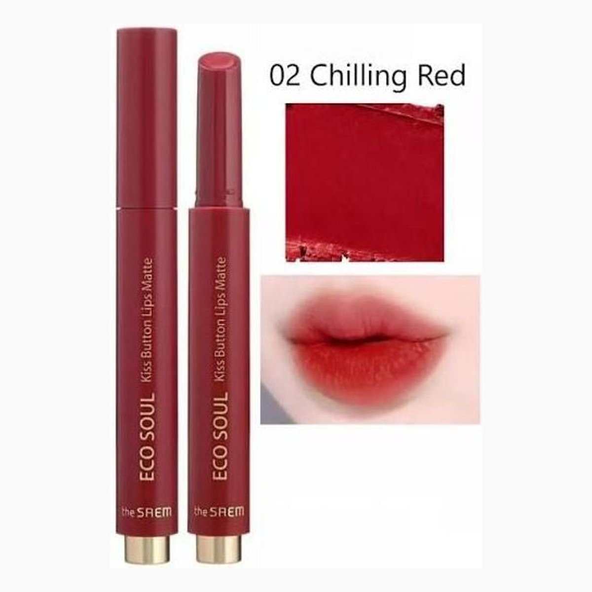 the SAEM Eco Soul Kiss Button Lips Matte 02 Chilling Red