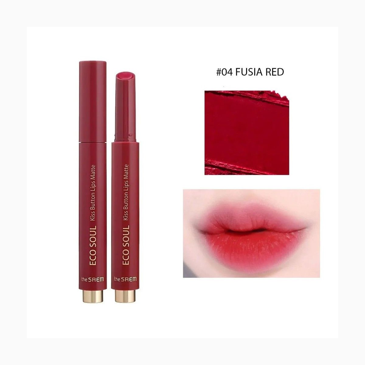 the SAEM Eco Soul Kiss Button Lips Matte 04 Fusia Red