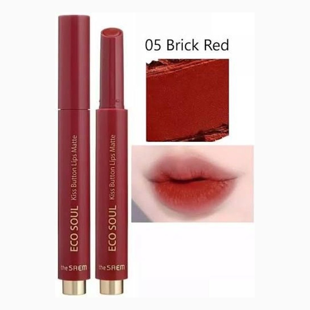 the SAEM Eco Soul Kiss Button Lips Matte 05 Brick Red